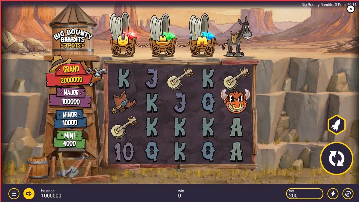 Tampilan layar permainan slot Big Bounty Bandits: 3 Pots dengan karakter bandit bergaya kartun Wild West.