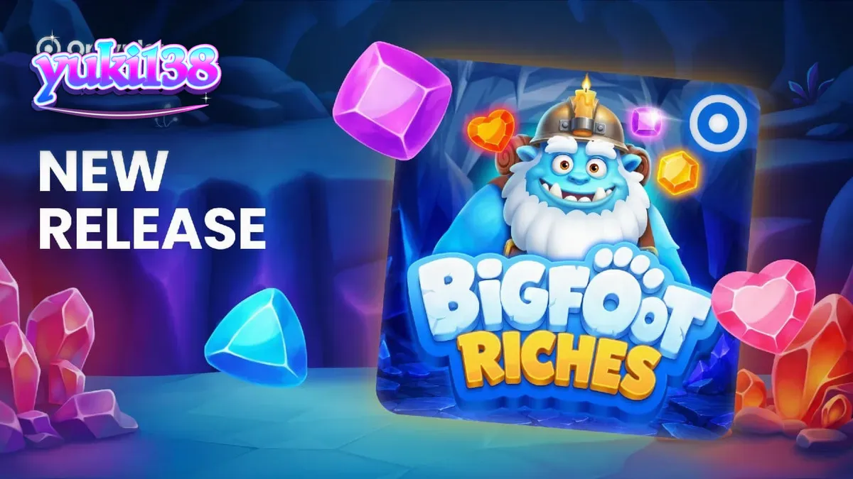 Pemandangan hutan bersalju dengan elemen kristal dan simbol Bigfoot dalam slot Bigfoot Riches