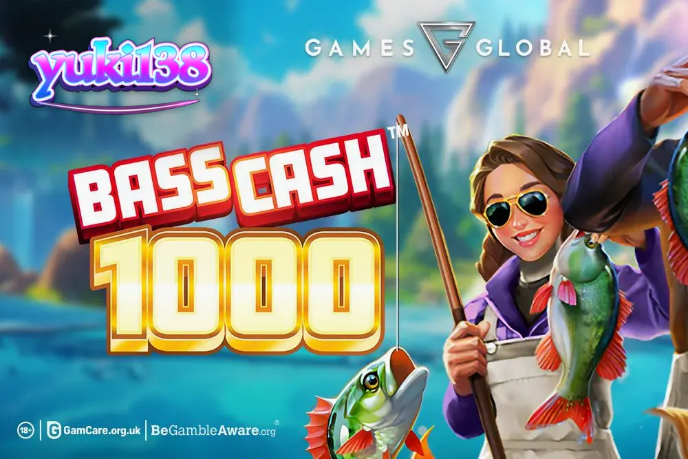 Tampilan layar permainan slot Bass Cash 1000 dengan elemen bertema memancing yang cerah.